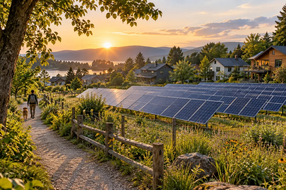 AI conceptual illustration of shared solar panels near an imagined residential community