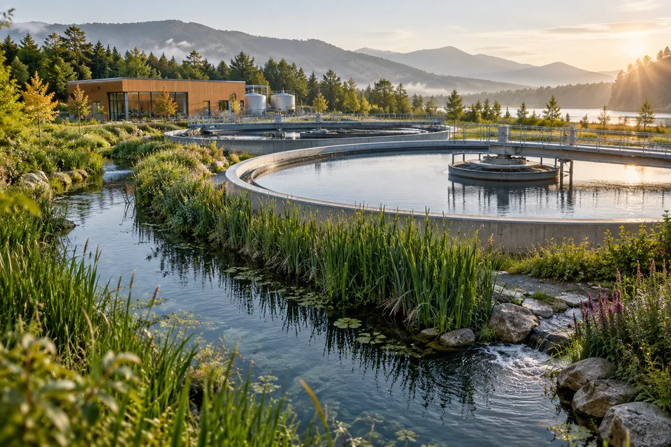 AI conceptual illustration of a water-recycling facility and its surrounding water network